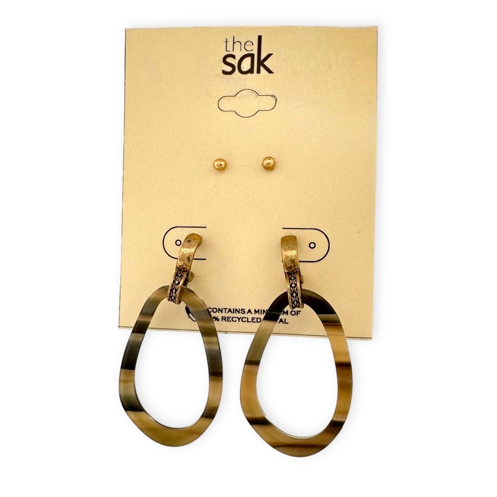 The Sak - 2 Pairs of Earrings - Tiny Gold Studs + Striped Stud Drop Earrings